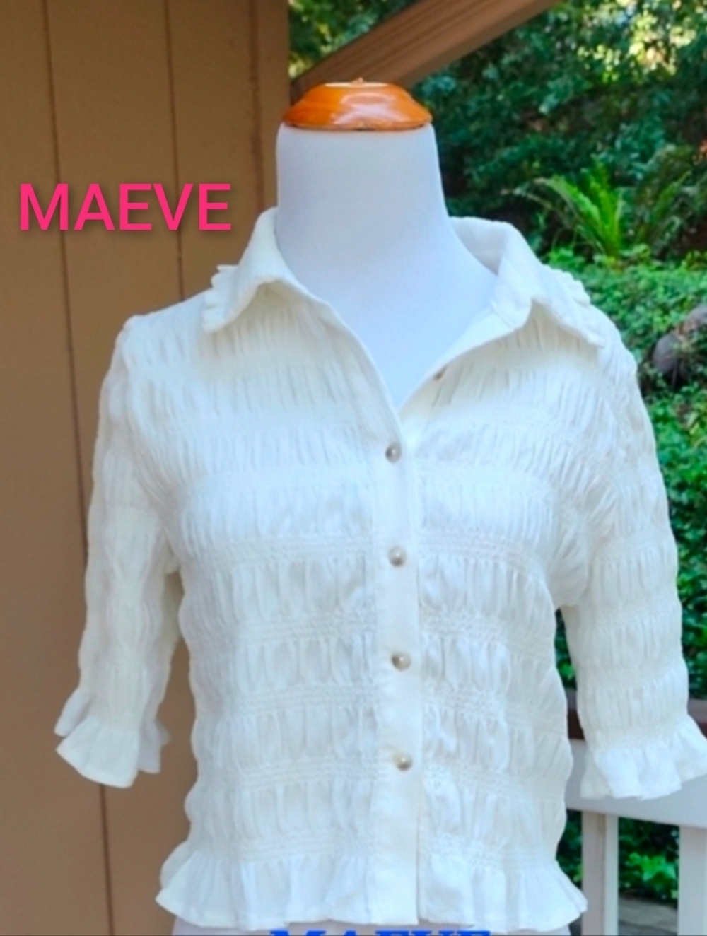 Women's White Ruffled Button-Down Top - Picture 2 of 9